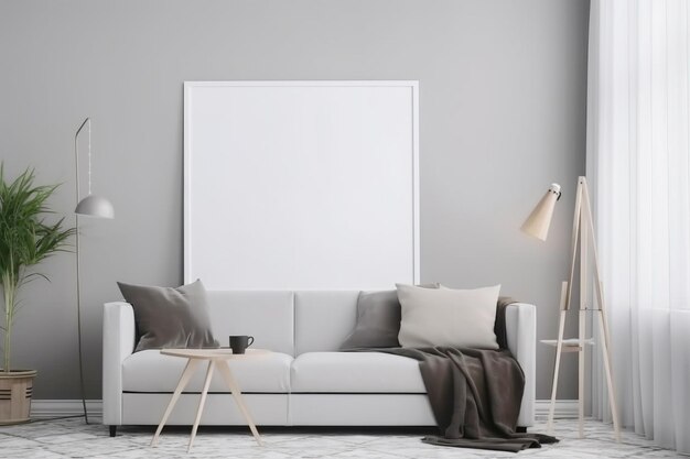 Modelo de moldura de cartaz design interior em cores suaves claras sofá branco gerado por IA banner de cabeçalho