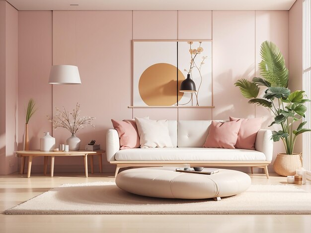Modelo de moldura de cartaz em estilo escandinavo no interior da sala de estar