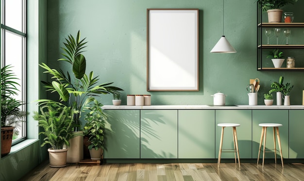 Modelo de moldura de cartaz no interior da cozinha em um fundo de parede de cor verde vazio Modelo de estrutura