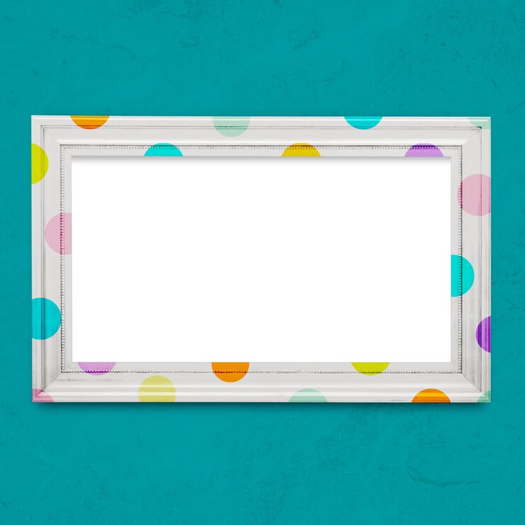 Foto modelo de moldura de foto com pontos polka coloridos em um fundo azul