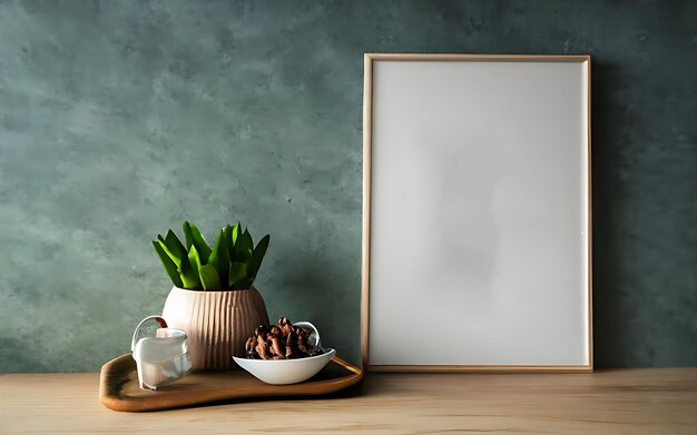 Foto modelo de moldura de foto de parede verde montada no gabinete de madeira renderização 3d