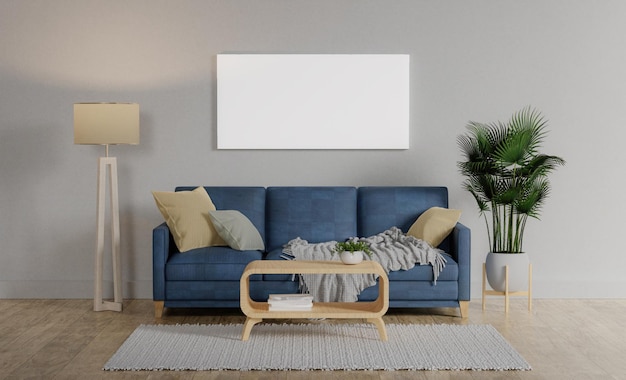 Modelo de moldura de imagem em branco na parede Moderno design de sala de estar Vista do interior de estilo escandinavo moderno com sofá Ilustração de renderização 3D