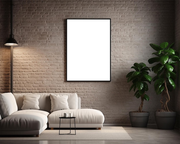 Modelo de moldura de imagem em branco no interior da sala de estar moderna