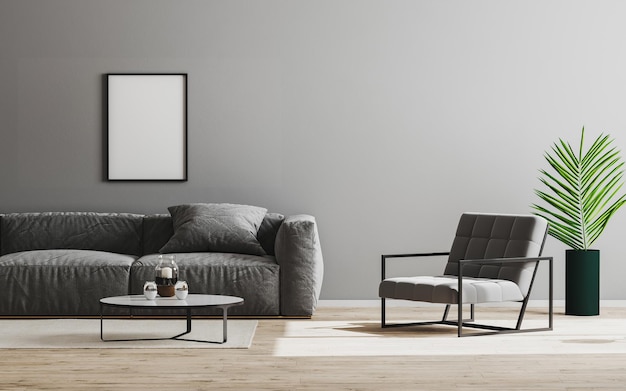 Modelo de moldura de quadro vazio em sala de estar moderna fundo interior em cor cinza com sofá e poltrona parede cinza e piso de madeira design de interior da sala 3d renderxA