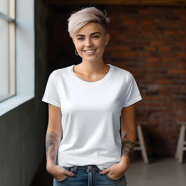 Modelo de mulher com camisa branca em branco, cabelo curto, cabelo pintado, garota alternativa, vista frontal