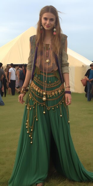 Modelo de mulher está vestida com uma roupa de festival