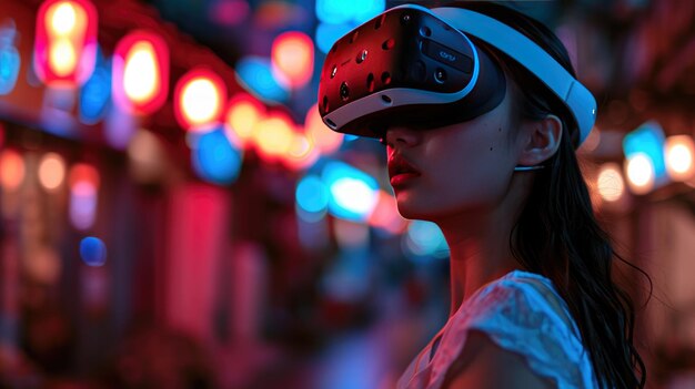 Modelo de mulher moderna desfrutando de caixa VR em luz neon IA generativa