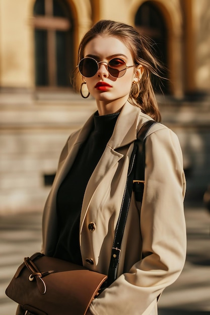 Modelo de mulher urbana elegante e bonita com óculos de sol legais