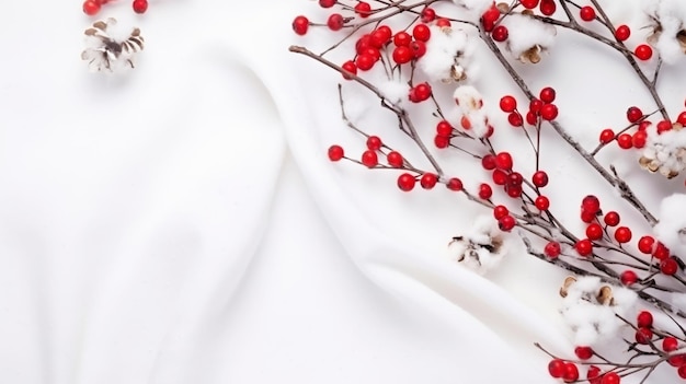 Modelo de Natal com ramos de abeto, cones, frutas vermelhas e fundo branco de neve IA generativa