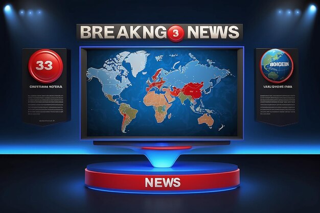 Foto modelo de notícias de última hora com crachá vermelho e azul 3d texto de notícias de primeira hora em azul escuro com fundo de mapa da terra e do mundo