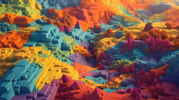 Modelo de paisagem topográfica abstrata baseado em arte gerada por rede neural de pequenos cubos coloridos