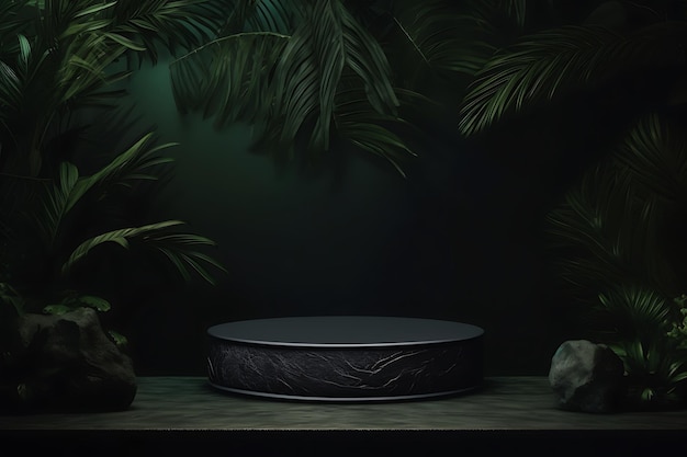 Modelo de palco de madeira escura para apresentação de produtos decorado com folhas de monstera