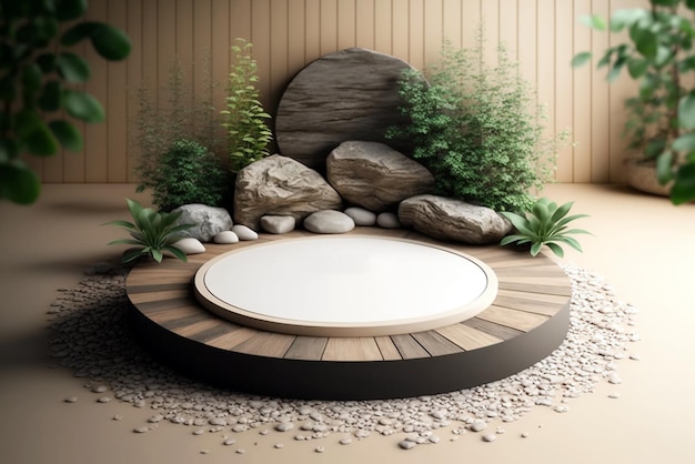 Modelo de palco em branco de círculo plano de madeira com plantas para exibição de produtos