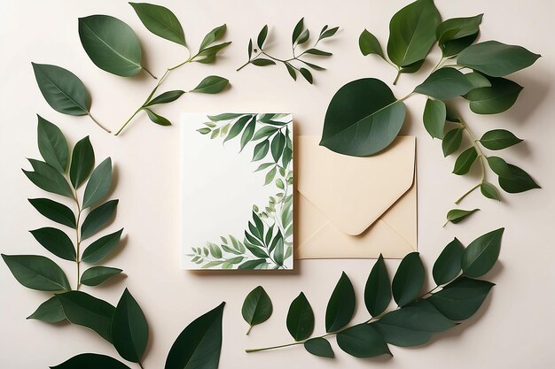 Foto modelo de papel de casamento de verão convidatório de cartão de saudação em branco e folhas de lentilho verde escuro em fundo de mesa bege à luz do sol sobreposição de luz e sombra natural vista superior plana