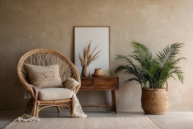 Modelo de parede beige vazio no interior da sala boho com poltrona de vime e vaso Luz natural do dia a partir de um