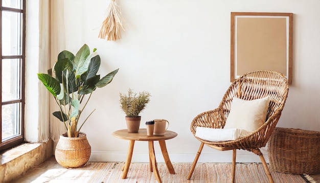 Modelo de parede branca vazia no interior da sala boho com poltrona de vime pote beige com plantas e café