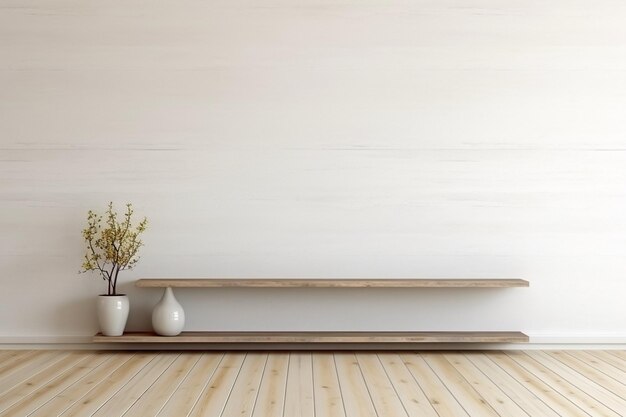 Modelo de parede de concreto branco com piso de madeira