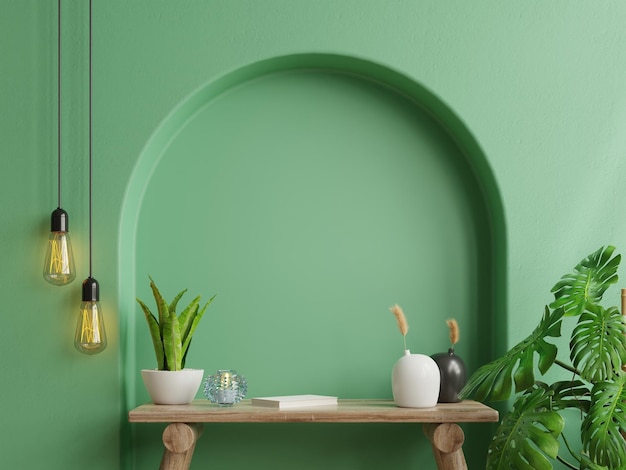 Modelo de parede interior parede verde e mesa de madeira renderização 3D