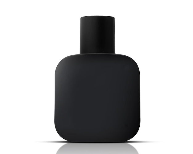 Modelo de perfume de garrafa preta isolado em fundo branco