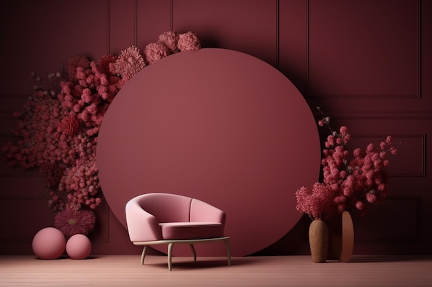 Modelo de pintura redonda em interior de sala de estar elegante poltrona rosa moderna e arco decorativo com