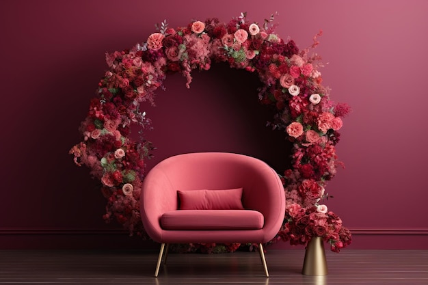 Modelo de pintura redonda em interior de sala de estar elegante poltrona rosa moderna e arco decorativo