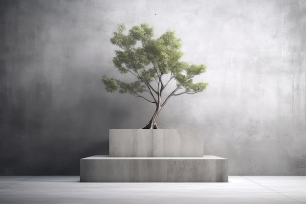 Modelo de pódio de concreto para apresentação de produtos com árvore