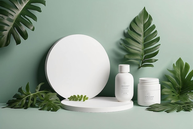 Modelo de pódio redondo branco para apresentação de produtos cosméticos orgânicos naturais conceito de anúncio em verde eco floresta folhas frescas natureza plano de fundo elegante minimalista plano de fundo