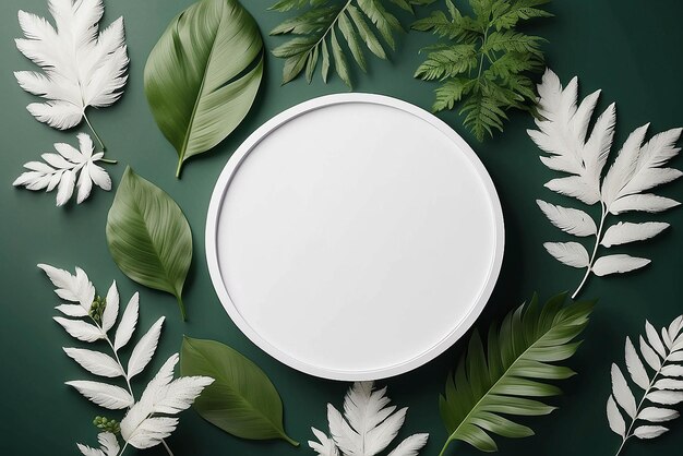 Modelo de pódio redondo branco para apresentação de produtos cosméticos orgânicos naturais conceito de anúncio em verde eco floresta folhas frescas natureza plano de fundo elegante minimalista plano de fundo