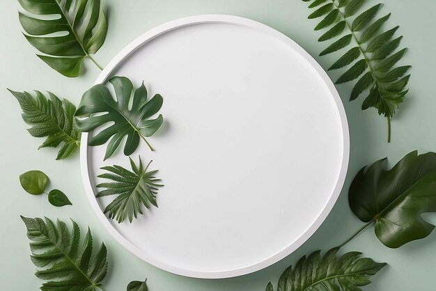 Modelo de pódio redondo branco para apresentação de produtos cosméticos orgânicos naturais conceito de anúncio em verde eco floresta folhas frescas natureza plano de fundo elegante minimalista plano de fundo