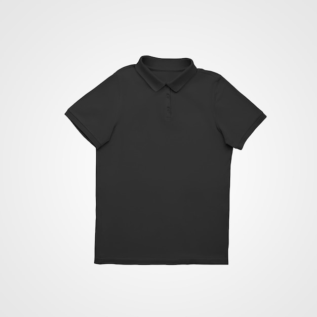 Modelo de polo preto em branco disposto em uma camiseta elegante de fundo branco com gola de botões