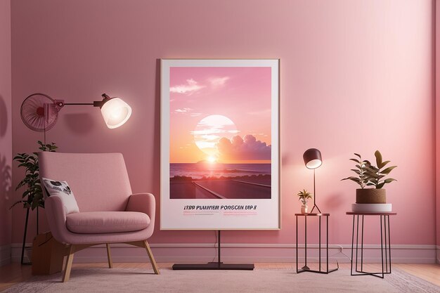 Modelo de poster psd com lâmpada de projetor de pôr-do-sol rosa