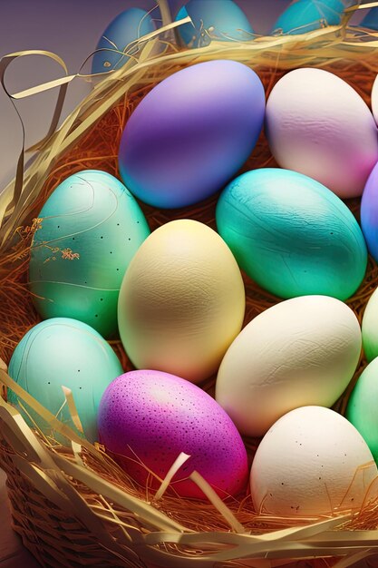 Modelo de pôster vertical de Páscoa festiva com modelo de site de ovos coloridos coloridos Ovos de Páscoa de férias de primavera em uma cesta Conjunto de ovos de Páscoa de feliz páscoa