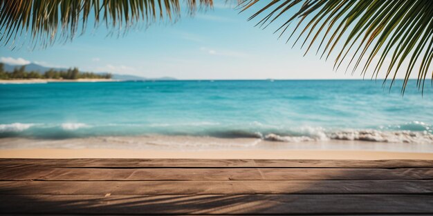 Foto modelo de praia de mar tropical e fundo de folha de palmeira gerado por ia