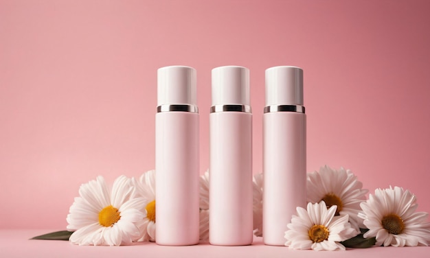 Modelo de produto de cuidados com a pele dentro de garrafas de cosméticos em branco em fundo rosa suave com flores