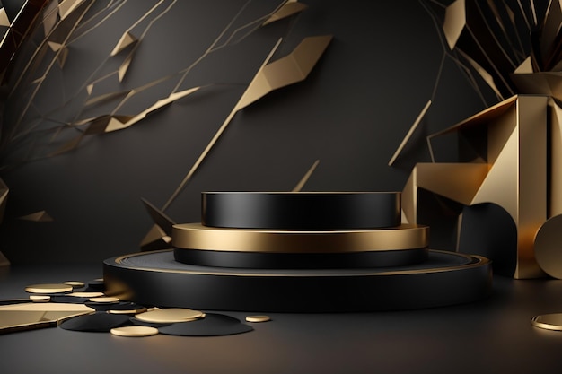 Modelo de produto de pódio 3D preto e dourado com fundo abstrato ilustração de renderização 3D