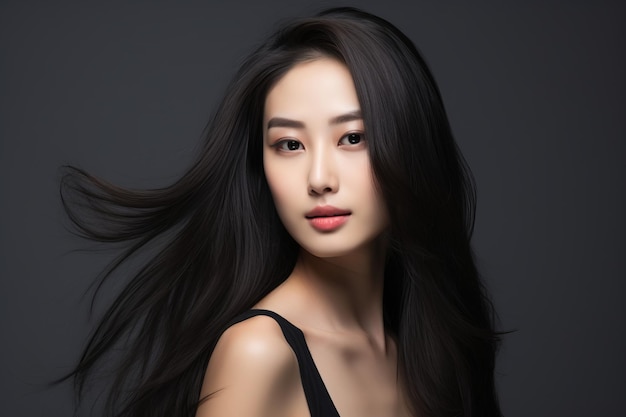 Modelo de produto para cabelo de menina asiática com cabelo preto em fundo cinza