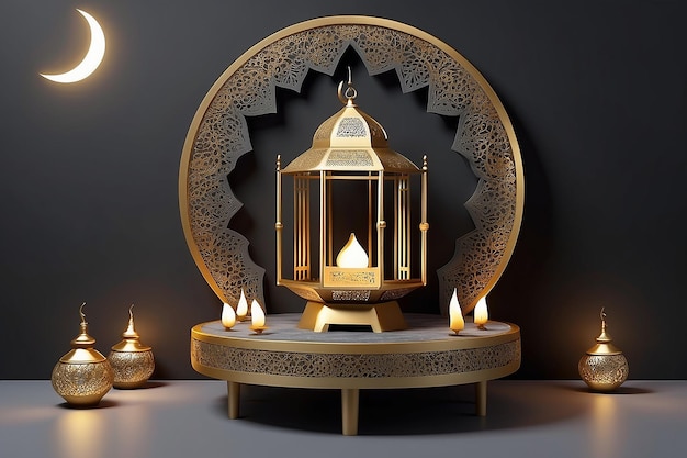 Modelo de quadro de renderização 3d de lâmpada de ramadan ou hari raya do islã e bedug de tambor tradicional