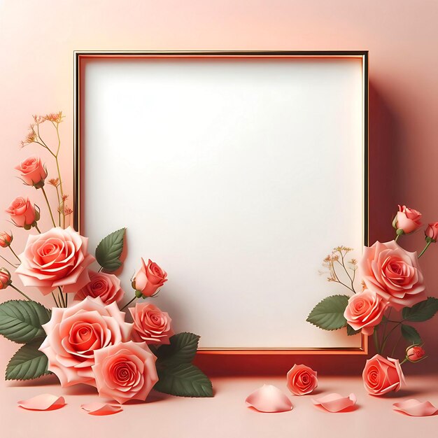 Modelo de quadro vazio vazio com rosas flutuando à esquerda com fundo rosa