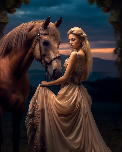 Modelo de rapariga atraente e quente vestindo o vestido real perfeito com fotografia de moda de cavalos