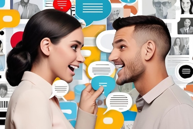 Foto modelo de revista colagem de duas pessoas tendo conversa de rede social enviando cartas de bolha de fala