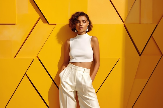 Modelo de roupas brancas posando para foto em fundo amarelo IA generativa