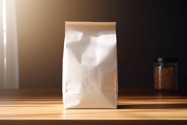 Modelo de saco de café de papel em branco em mesa de madeira