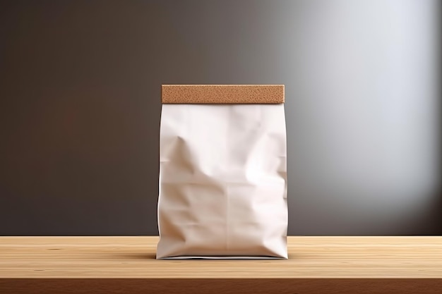 Modelo de saco de café de papel em branco em mesa de madeira
