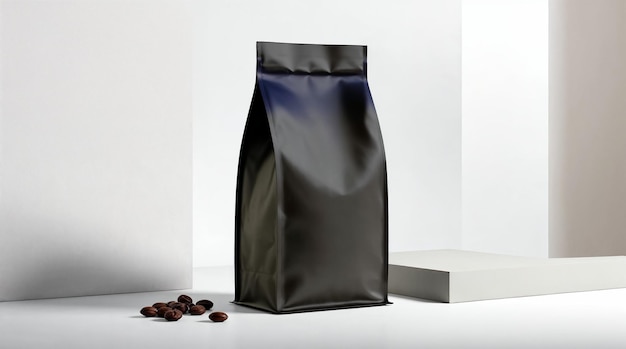 Modelo de saco de café preto com grãos