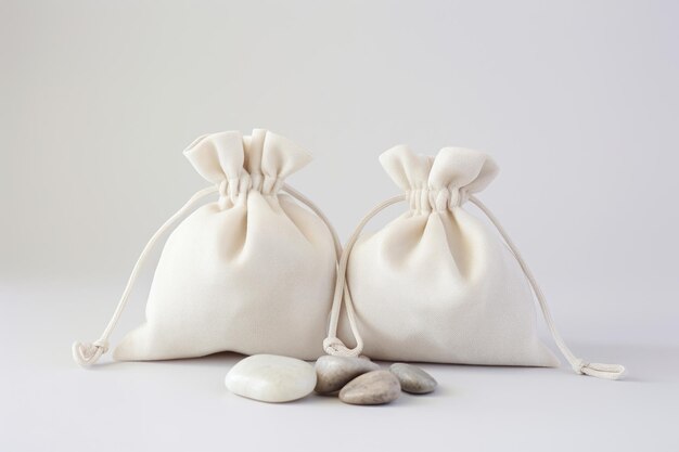 Foto modelo de sacos de pano branco para jóias e jóias com pedras isoladas em fundo branco