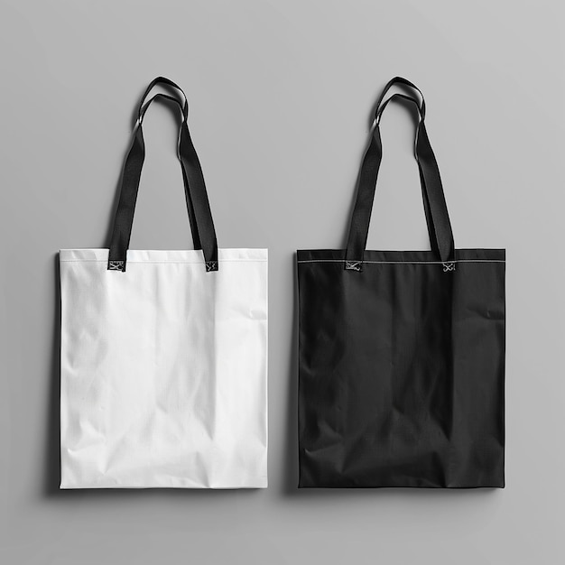 Modelo de sacos Tote brancos e pretos em fundo cinzento