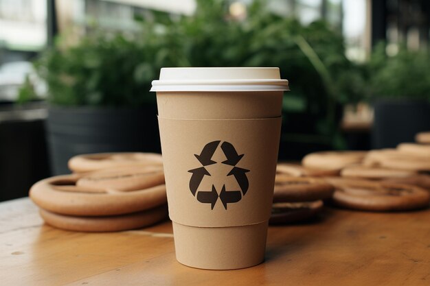 Modelo de símbolo de reciclagem em uma capa de xícara de café que promove a reciclar em cafés