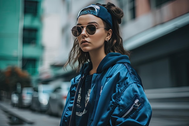 Modelo de streetwear apresentando as últimas tendências e estilos da moda urbana criados com IA generativa