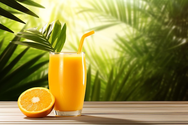 Modelo de suco de laranja fresco em uma cena de verão