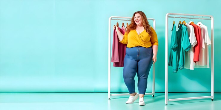 Foto modelo de tamanho plus experimentando roupas no vestiário ideal para varejo de moda e câmera de positividade corporal
